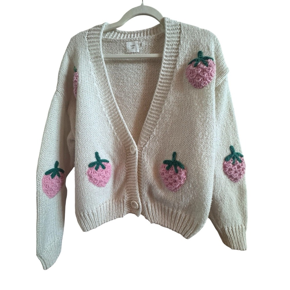 Luna Ivy Cream Knit Cardigan Sweater Woman's Small 3D Appliqué Pink Strawberries